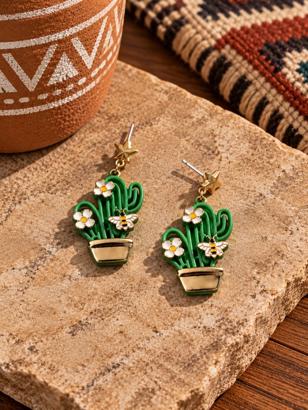 Cactus Bee Floral Dangle Earrings Gold Star Southwestern Desert Boho